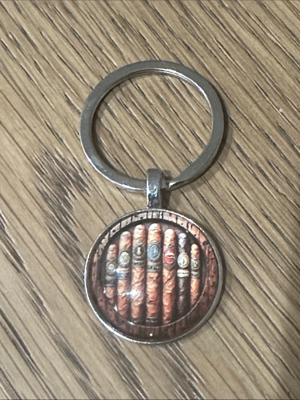 Silver Keyring with Rustic Brown Cigar Art Pendant